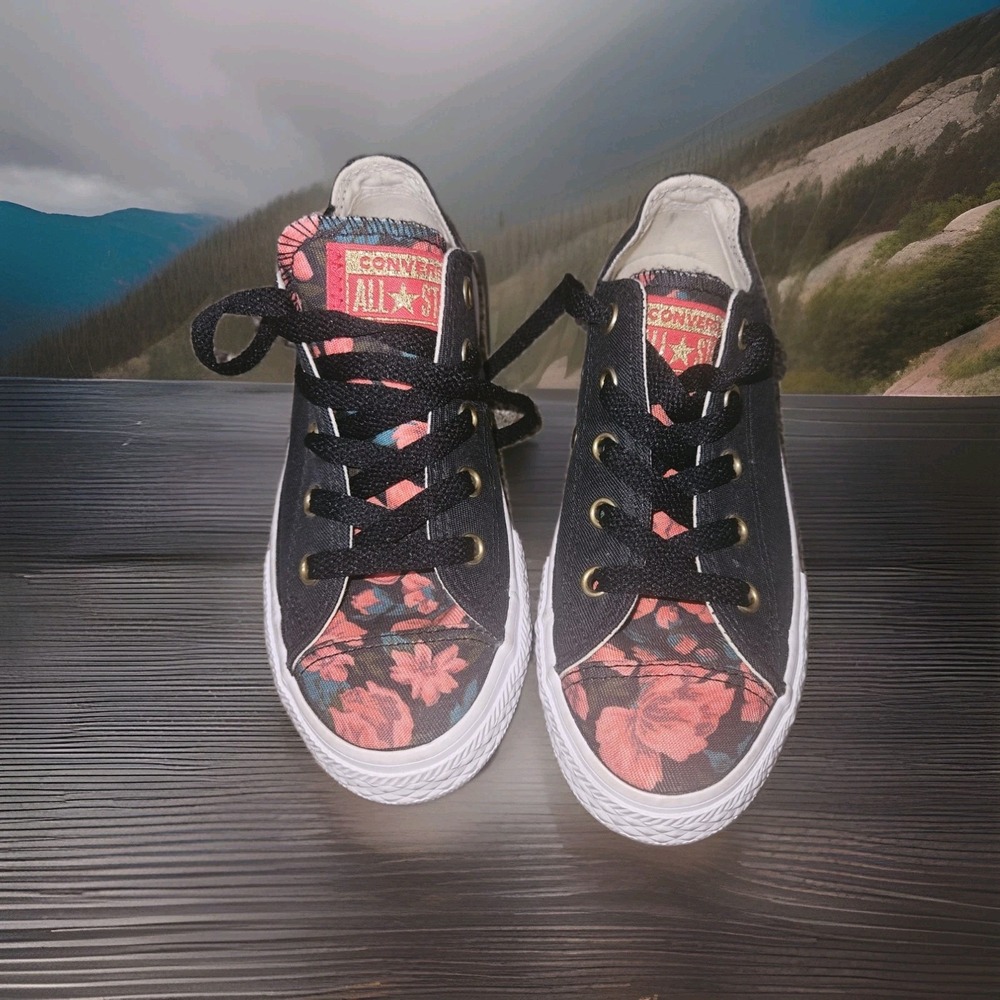 Converse All Star Chuck Taylor low-top sneakers black canvas red floral 13 Y New